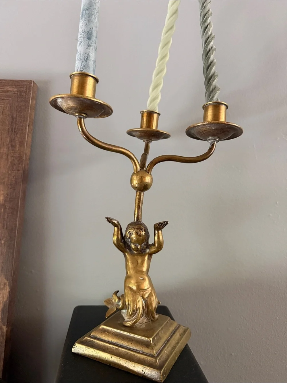 Vintage Brass Gold Cherub 3-Arm Candle Holder candelabra antique